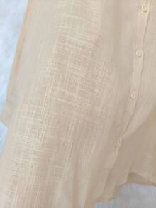 Women's Long-Sleeved Linen Shirt - 香檳色2 - 查看 3