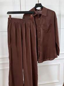 Linen Shirt And Pants Set (2 Pieces), Lined With Elastic. - Rust Brown - View 5