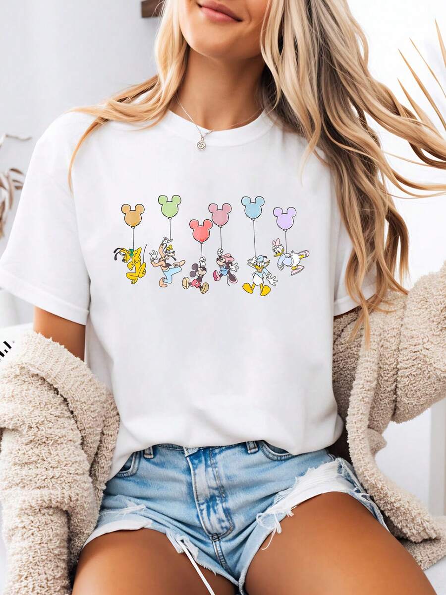Disney-Style Women's Graphic Tee Featuring Mickey Mouse Balloon And Cheerful Mickey & Minnie Cartoon Prints. Women's Summer Clothing With A Crew Neck Design. Made From Soft, Comfortable 100% Cotton Fabric, Perfect For Everyday Wear, Outdoor Activities, Or Shopping Outings. Also Ideal As Women's Vacation Wear. - White - View 1
