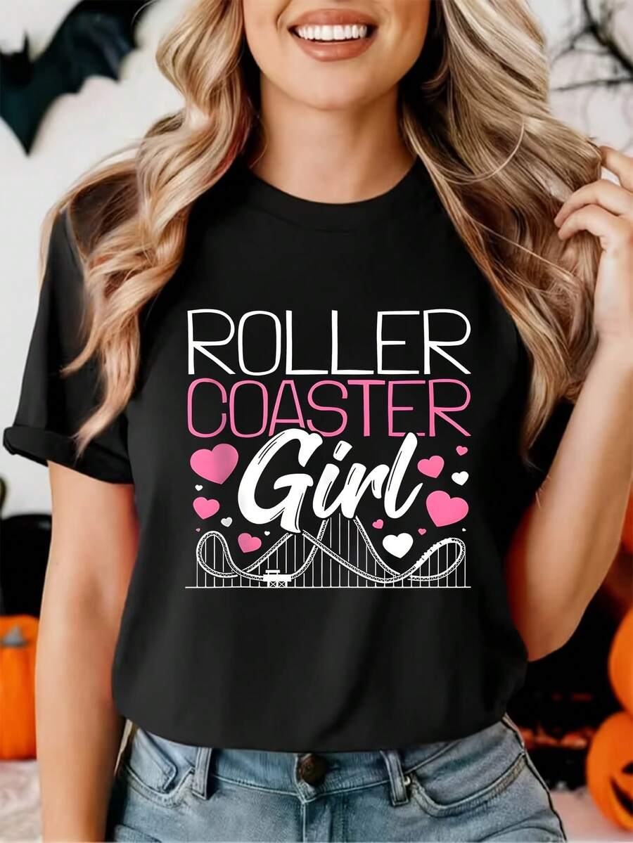 Vintage Roller Coaster Crew I Family Roller Coaster 1 Pcs Women's Plus Size T-Shirt 100% Polyester Funny Oversized Graphic Short Sleeve Tee Novelty Shirt Casual Crew Neck Top 220g - 黑色 - 查看 1