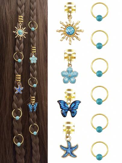 10pcs Breeze Hair Rings With Blue Butterfly, Camellia, Starfish & Faux Turquoise - Adjustable Hair Cuffs, Nautical Boho Hair Jewelry For Men & Women's Dreadlocks & Braids