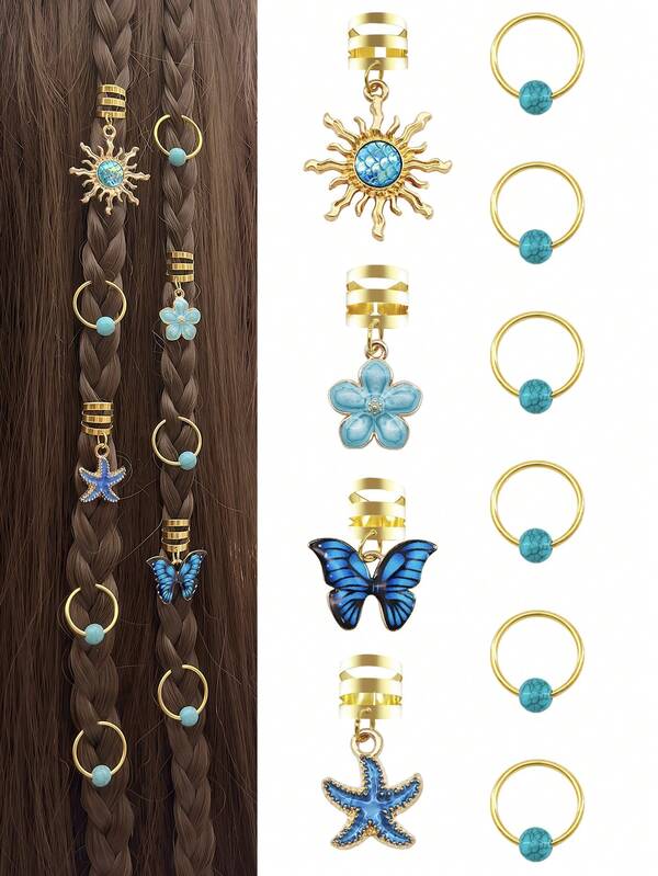 10pcs Breeze Hair Rings With Blue Butterfly, Camellia, Starfish & Faux Turquoise - Adjustable Hair Cuffs, Nautical Boho Hair Jewelry For Men & Women's Dreadlocks & Braids