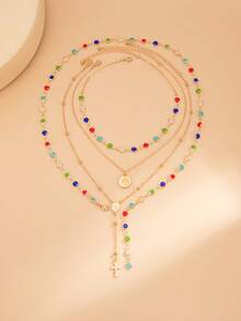 4pcs/Set Bohemian Style Rhinestone Inlaid Cross, Coin, Badge Pendant Y-Necklace, Luxury Elegant Daily Casual, Party, Couple Date, Women's Festival Birthday Versatile Jewelry Gift - Necklace - View 6