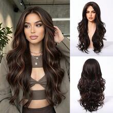 Long Wavy Wigs Dark Brown Mix Brown Highlight Wig Medium Part Water Wave Hair For Women Synthetic Hair Heat Resistant For Daily Natural Appearance Party Cosplay Use-24-Inches Suitable For Fashionable Women - Brown Highlight - View 11