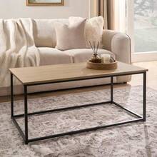 Coffee Table Marble Wooden Ribbed Effect Top Metal Framed Tiered Modern Curved Rectangular Living Room Furniture - Light Wood - View 6