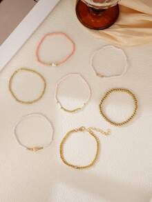 7pcs Elegant Women Bracelet Set, Adjustable Multi-Layer Beaded Bracelets With Pink And Gold Beads, Jewelry Gift, Suitable For Daily Wear And Party - Multicolor - View 2