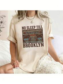 Vintage 'No Sleep Till Brooklyn' Boombox Print T-Shirt |   Retro Style Graphic Tee For Music Lovers |   Perfect For Concerts And Festivals |    Casual Wear |   Color T-Shirt - (1XL-5XL) Is Plus Size - 杏色 - 查看 1