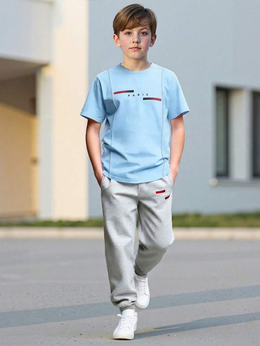 男童/幼儿男童春夏短袖T恤和裤子两件套,字母条纹印花设计,圆领,舒适休闲,百搭套装 - 淺藍色 - 查看 1