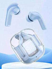 ENC 智能防噪耳塞，透明迷你 Strive 设计 TWS 入耳式硅胶耳机，符合人体工程学设计，带 LED 电池显示屏，灵敏触感，Hi-Fi 立体声低音，磁性充电，低延迟，适用于所有智能手机 - 藍色 - 查看 4