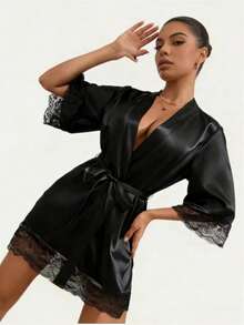Robe de Noiva Longo Camisola Roupa de Dormir Acabamento em Renda Cintura com Laço, Roupão Curto com Acabamento em Renda e Cintura com Laço Roupa de Dormir Plus Size para Mulheres - Preto - Visão 5