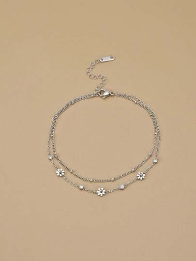 1pc Fashionable Rhinestone Daisy Stainless Steel Anklet For Women (The Number Of Beads On The Chain May Vary Slightly From The Stated Size)