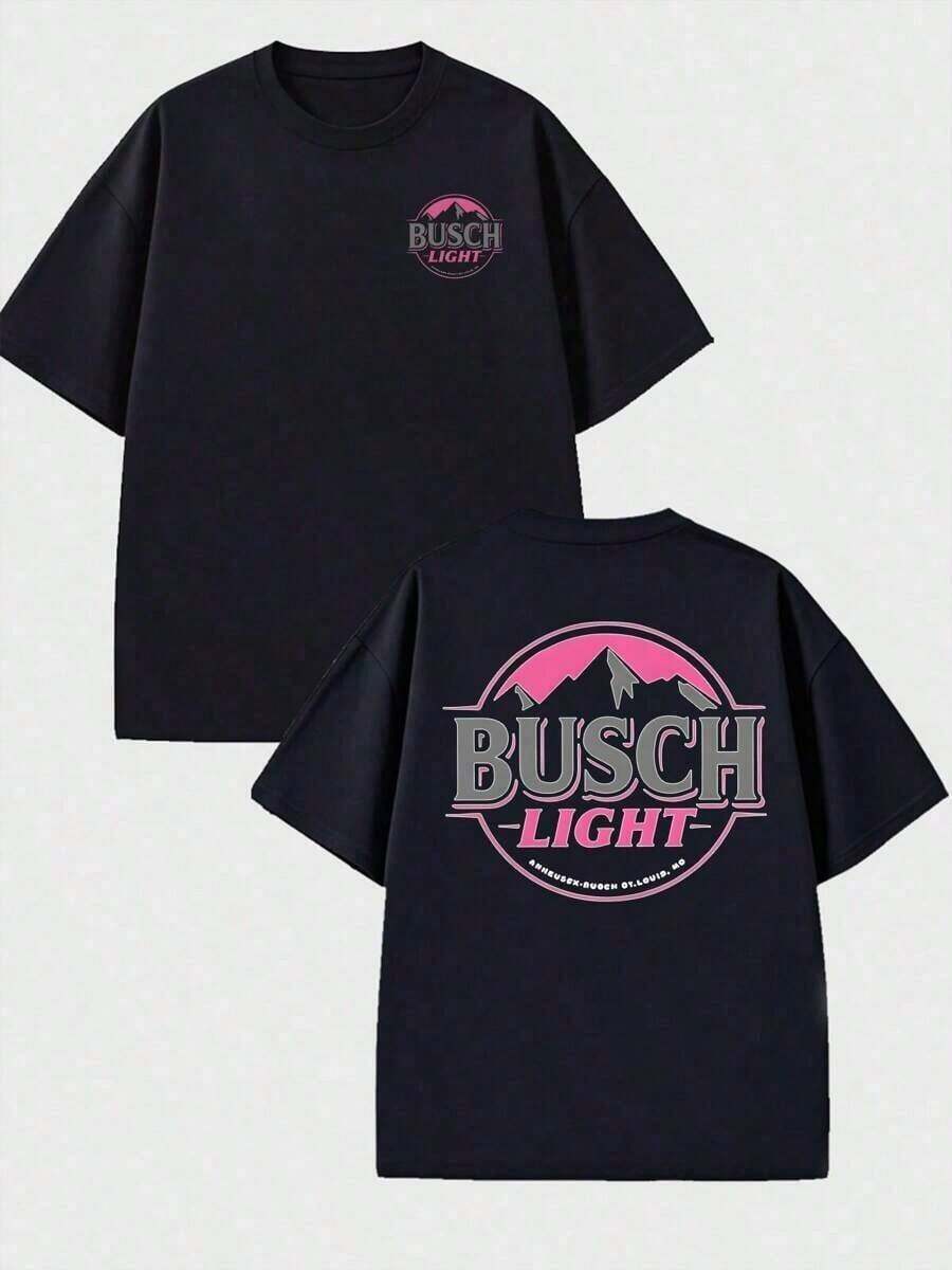 Women's Summer Tops Summer Tops Retro Style T-Shirt With Busch Light Beer, Mountains And Sunset Print 100% Cotton, 220g, Print On Both Sides Loose And Comfortable Fit Summer Clothing Cotton T-Shirt - 黑色 - 查看 1