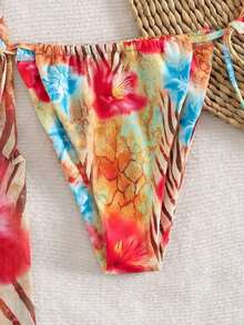 3pcs Women's Sexy Floral Print Bikini Set With Tie-Up Back And Mesh Skirt, Summer Vacation Beach - 多色 2 - 查看 9