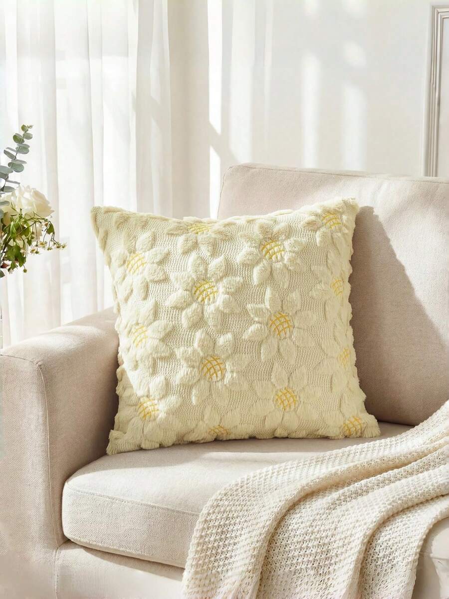 春夏奶油白向日葵抱枕套套装（1件），季节性农舍风格装饰黄色花朵爱心柔软毛绒仿毛皮提花靠垫套，适用于家居沙发 - 米色 - 查看 1