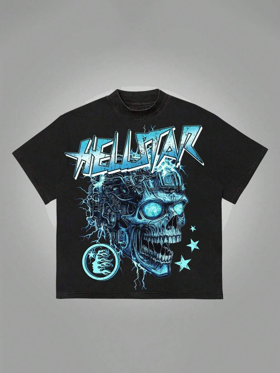 Hellstars Cybernetic Skull Lightning Y2K Graphic T-Shirt,220g 100% Cotton,Round Neck Short Sleeve,Black Streetwear Essential For Summer Going Out,Unisex Style - Black - View 1