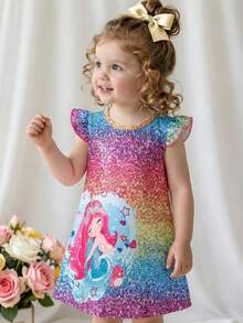 Baby Girl Casual Brick Print Cartoon Mermaid Graphic Cap Sleeve Dress - Multicolor - View 1