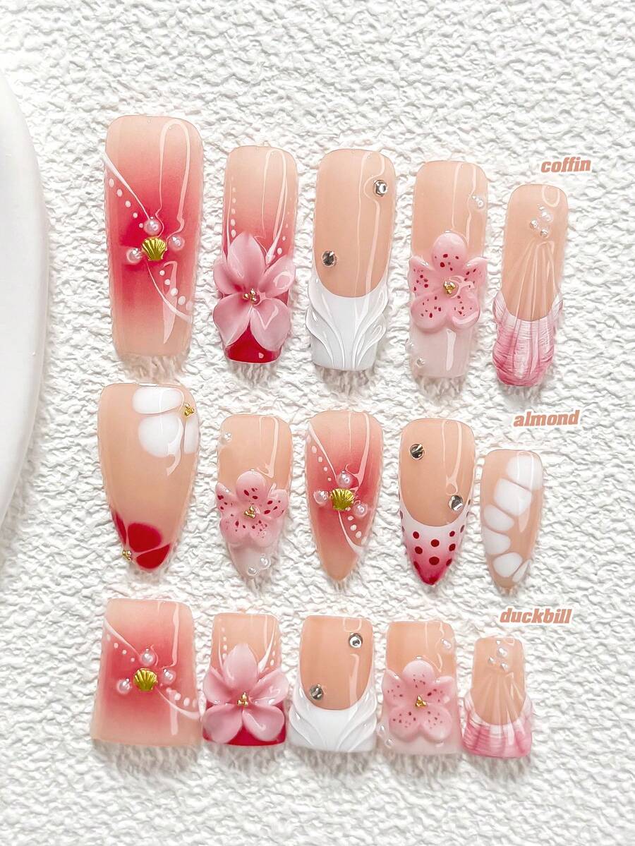10件套精美春夏亚克力美甲套装,包含金色3D贝壳、手工制作的五瓣浅粉色花朵美甲装饰、手绘棕色波点、白色条纹、水波纹、白色斑马纹、白色指甲油,适合日常、派对、拍照、办公等场合,附赠1张果冻贴纸和1把指甲锉,提供3种尺寸,适合杏仁形和尖形指甲。 - 彩色 - 查看 1