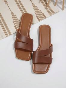 方头平底凉鞋，夏季新款时尚百搭舒适休闲沙滩风 - 棕色 - 查看 3