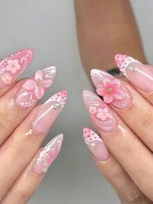 Bộ 24 móng giả hình hạnh nhân Pháp, bướm 3D, nhuộm hồng, chấm bi, hoa vỏ sò, kèm 1 keo dán móng và 1 dũa móng, ngọt ngào và sành điệu cho sử dụng hàng ngày và hẹn hò. - Nhiều màu - Xem 1