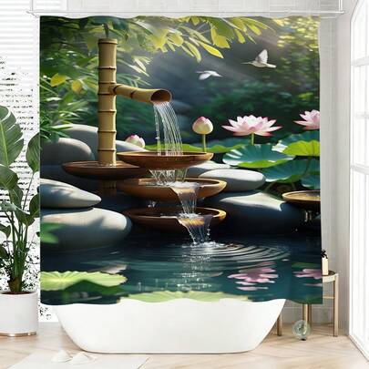 1 件禅意莲花池浴帘，涤纶材质，防水，不遮光，适合家居和浴室装饰，配有 12 个挂钩。