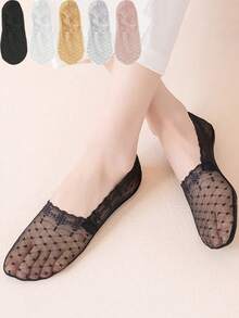 1/5/10 双装高品质波点蕾丝图案舒适透气船袜 - 彩色 - 查看 2