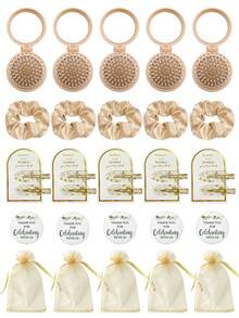 Meoky Bộ quà tặng nhỏ cho tiệc độc thân, bao gồm dây buộc tóc nơ màu hồng và vàng, gương trang điểm nhỏ, thiệp cảm ơn và túi quà (4 món/bộ, 20 món/5 bộ), thích hợp cho tiệc độc thân, tiệc cô dâu và tiệc ngủ spa, món quà tuyệt vời cho gia đình, bạn bè, bạn gái, Ngày của Mẹ. - Lược có gương + kẹp tóc + dây buộc tóc - Xem 11