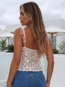 Women Sequin Crochet Knit Camisole Slim Hollow Out V Neck Spaghetti Strap Open Back Tops for Summer Beach Party - Beis - Ver 6