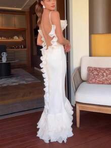 New Women's Fashion Strapless Backless Ruffle Dress Bodycon Gown Long Dress - 白色(25065) - 查看 5