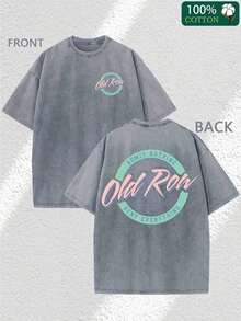 230g Thickened Cotton Old Row Grey And Teal Circle Logo Double-Sided Print Summer Men's Fashion Washed Vintage Batik T-Shirt, Street Retro Style Round Neck Short Sleeve - Xám - Xem 5