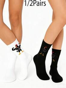 1/2 双可爱情侣袜，趣味中筒袜，时尚百搭 - 黑與白 - 查看 7