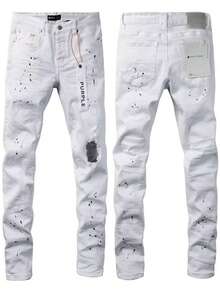 Men's Jeans With Splattered Ink, Ripped Holes, Slim Fit And Stacked Feeling, Suitable For Fashionable Pencil Shorts For Men And Women - White - View 1