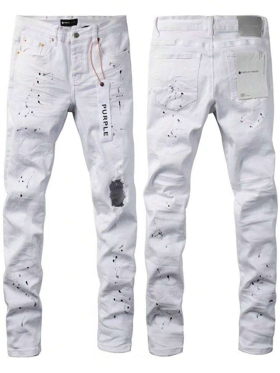 Men's Jeans With Splattered Ink, Ripped Holes, Slim Fit And Stacked Feeling, Suitable For Fashionable Pencil Shorts For Men And Women - White - View 1