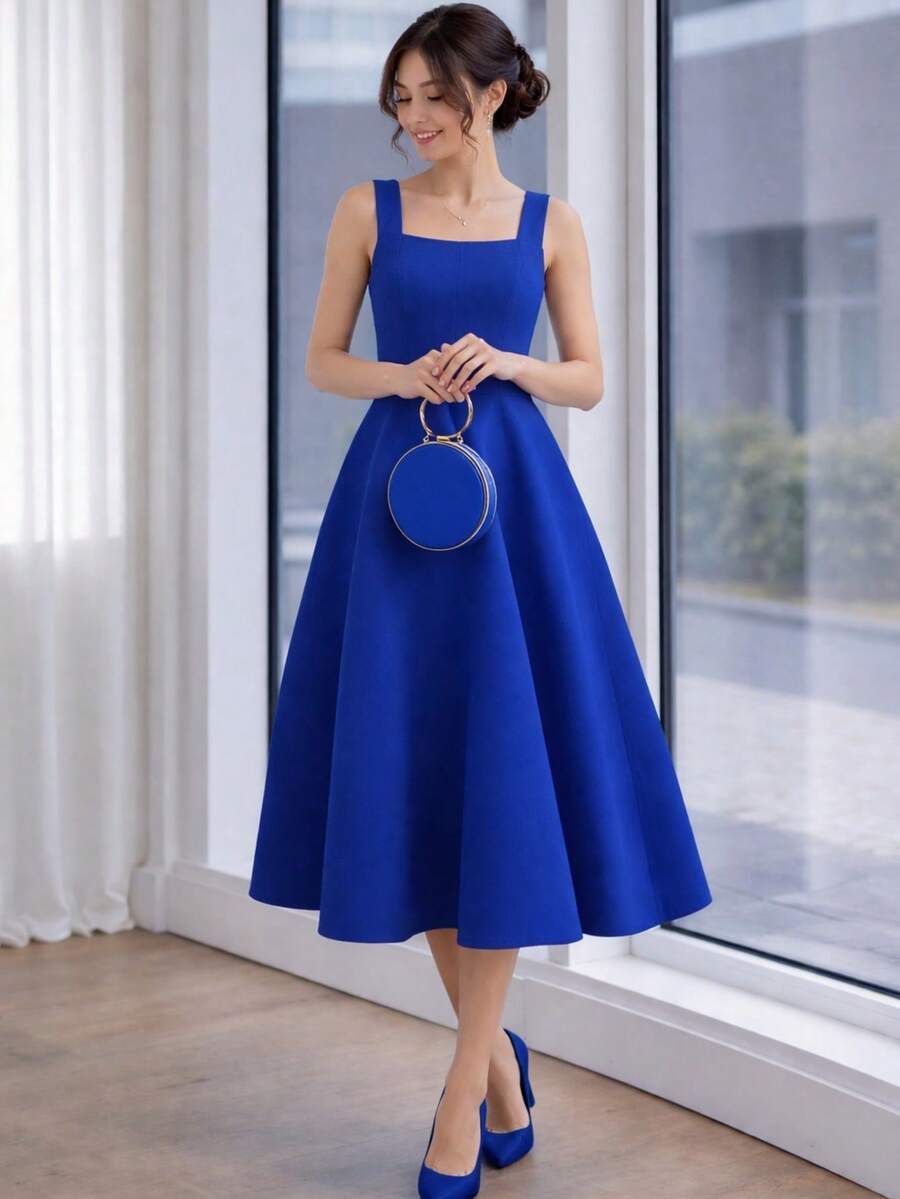 Women's Midi Dress With Square Neckline And Defined Waist - Xanh đậm - Xem 1