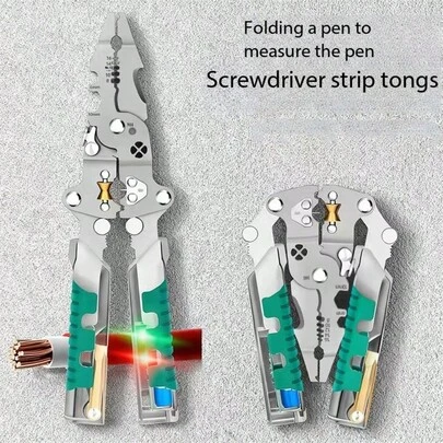 可折叠多功能工业级电工剥线钳，耐用精密工具，适用于切割、压接和剥线——适用于所有电气作业