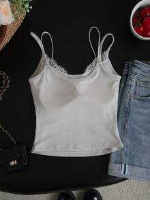 Women's Lace Patchwork Camisole, 2 In 1 Backless Top, Spring/Summer - Grey - View 8