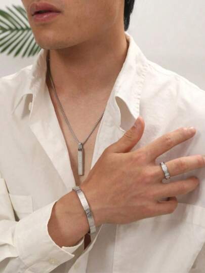 3件套不锈钢罗马数字纹理手链、项链和戒指套装，男士时尚配饰