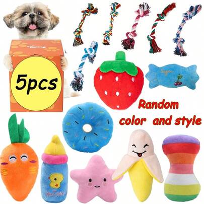 5件套随机颜色和款式宠物咀嚼发声毛绒玩具组合，无需电池，适合中小型宠物，宠物游戏娱乐玩偶套装，猫狗毛绒玩具