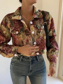 女士翻领长袖纽扣印花短款梭织休闲外套，适合所有季节度假穿着 - 花色 - 查看 2