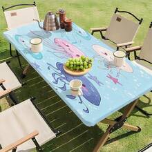 1pc Water-Resistant Outdoor Tablecloth With Elastic Edge - Ideal For Camping, Picnics And Garden Parties - Polyester Fabric With Gold Painting Sunflower Grass Tree Leaf Pattern Print, Suitable For Party And Outdoor Decor, Dining Table Decoration, Outdoor Decor, Decorations, Daily Decor - B - View 4