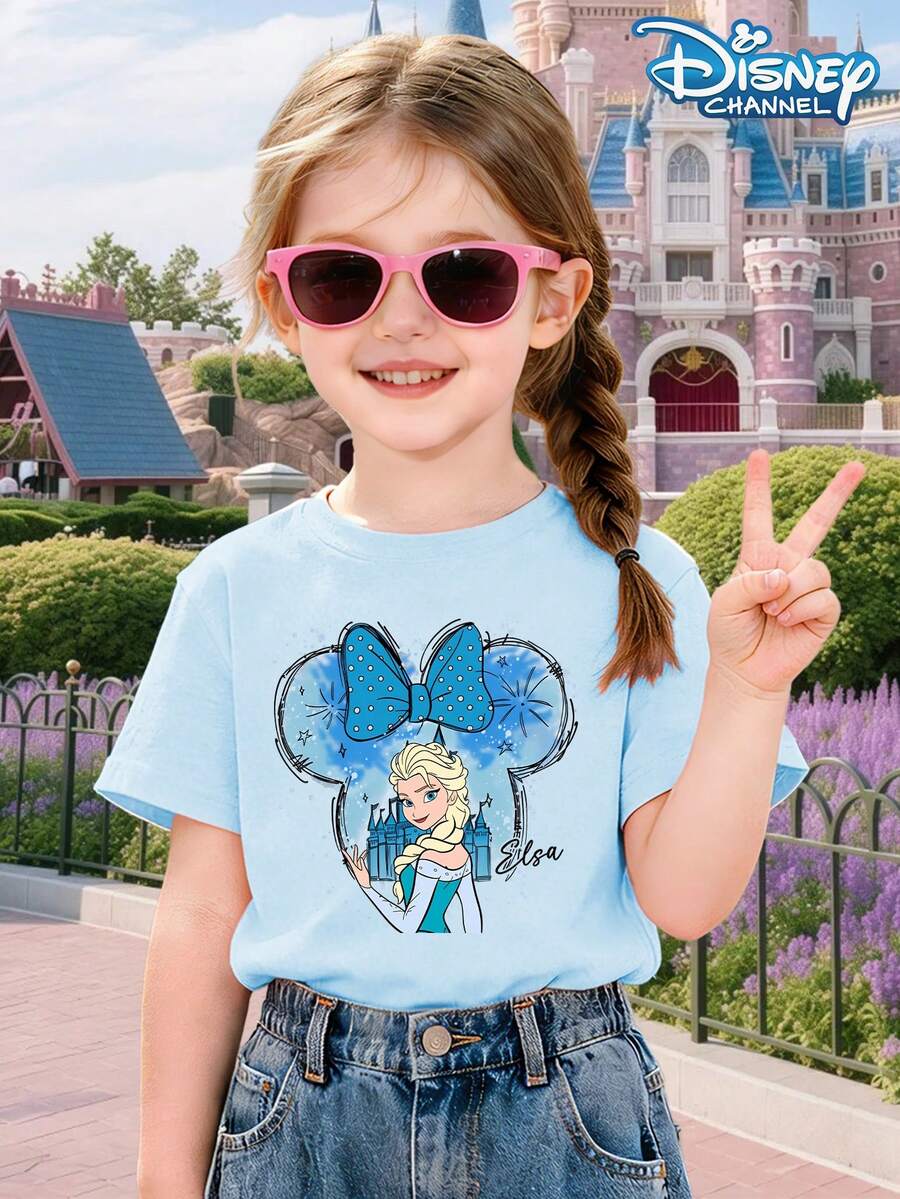 Disney Princess Top, Children's T-Shirt, Girls' Round Neck T-Shirt, Frozen Mouse Bow Print, Sweet And Fun Style, Spring And Summer, Home Leisure Amusement Park Check In, Girls' Round Neck Short Sleeve Top - 淺藍色 - 查看 1