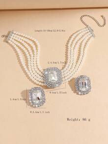 1 Pc Women's Luxury Fashion Geometric Square Fuchsia, Green, White, Black Crystal Faux Pearl Necklace & 1 Pair Matching Geometric Square Fuchsia, Green, White, Black Crystal Faux Pearl Earrings, Two Pieces Set, Suitable For Evening Gown And Daily Wear - Multi-layer Pearl Large Rectangular Crystal Two-piece Set - View 11