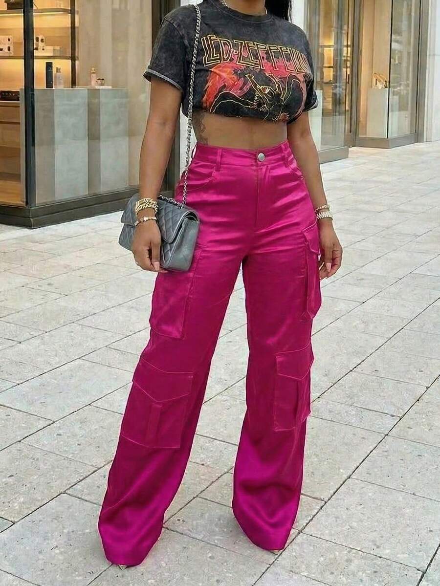 Women's Satin Cargo Pants, High Waist Wide Leg Pockets, Suitable For Party, Nightlife And Casual Street Wear Spring - Hot Pink - View 1