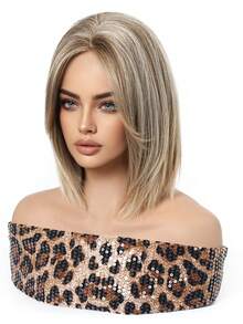 12 Inch Short Straight Wig, Blonde Top With Black Roots, Suitable For Daily Makeup And Parties, Heat Resistant Synthetic Fiber Material - Gold - View 5
