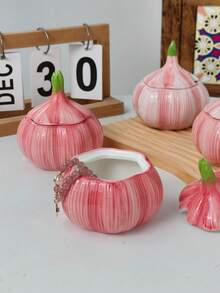 1pc Cute Pink 3D Garlic Ceramic Storage Box W/ Lid, Hand-Painted Veggie Jewelry Organizer, Mini Vanity Trinket Jar, Decorative Small Container For Rings, Earrings & Tiny Desk Accessories - Multicolor - View 2