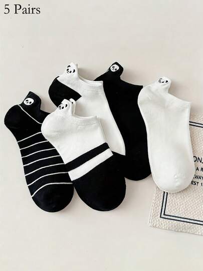 5 Pairs Panda Print Women's Ankle Socks, Comfortable Breathable White Socks For Spring/Summer