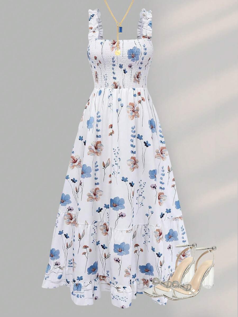 女士长款印花吊带连衣裙，波西米亚风印花，休闲荷叶边系腰带，适合情人节、约会、夏季度假等场合，优雅时尚。 - 彩色 - 查看 1