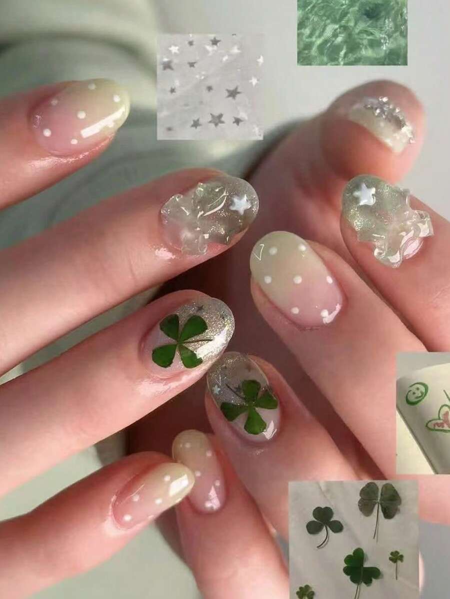 10pcs Handmade Short Oval Nail Stickers, Ombre French Manicure, Green Nails, Cat Eye Nails, Cute Nails, St. Patrick's Day Theme Medium Oval Nail Stickers, Lucky Nail Art, Cute Polka Dot Nails, Decorated With Rhinestone Pentagram, White Bow And Lucky Clover, Suitable For Ladies And Girls, Holiday & Spring Nail Supplies, DIY Nail Supplies, Press-On Nails, Acrylic Press-On Nails, Nail Supplies - Green - View 1