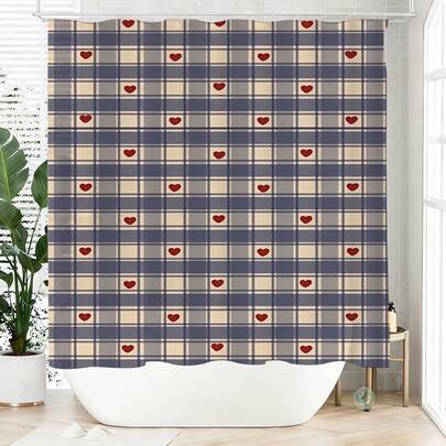 1 件心形格子浴帘，涤纶材质，防水，不遮光，适合家居和浴室装饰，配有 12 个挂钩。