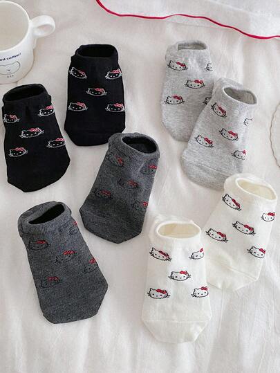  5 Pairs Sanrio Kitty Bow Lace Trim Short Socks, Versatile White Socks Suitable For Spring, Summer, Autumn, Soft & Breathable, Fit For Students And Various Occasions (Random Delivery)