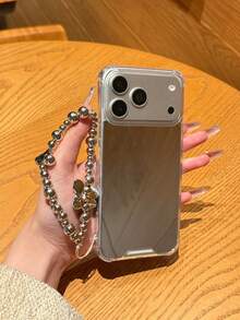 1pc Black Framed Makeup Mirror Phone Case, Electroplated Heart & Bow Decor Protective Phone Case Compatible With Samsung/ Models, 11/12/12Pro/12ProMax/13/13Pro/13ProMax/14/14Pro/14ProMax/15/15Pro/15ProMax/16/16Pro/16ProMax/16Plus/17/17Pro/17ProMax/AIR - Silver - View 2